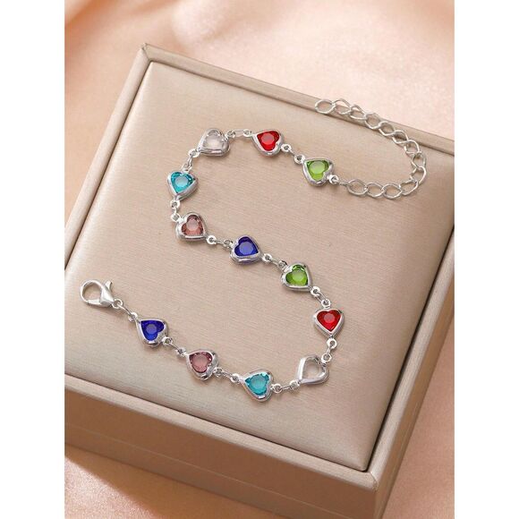 Colorful Heart Cubic Zirconia Bracelet Multi Crystal Silver Tone Adjstble Casual - Picture 4 of 6